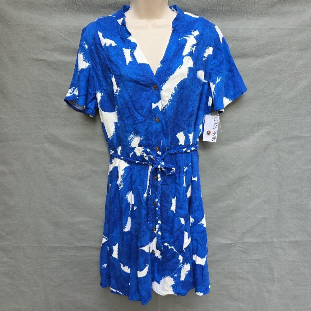 NWT Nine West Size Medium Blue White V Neck Button Front Short Sleeve Dress